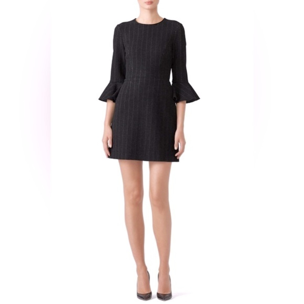 Saylor Black Constance Pinstriped Crewneck Dress w/ 3/4” Ruffled Bell Sleeves, M